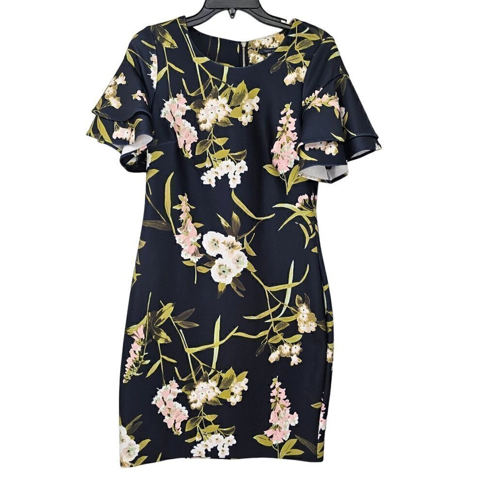 Tommy Hilfiger Blue Floral Print Ruffle-Sleeve Scuba Dress